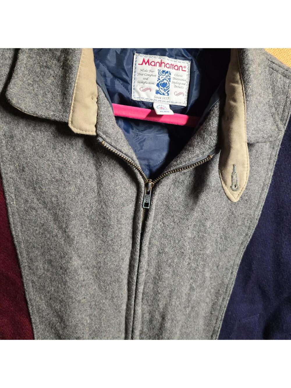 Vintage Manhattan Wool Bomber Jacket Men's XL Colorblock Coat 80s USA - Picture 3 of 9